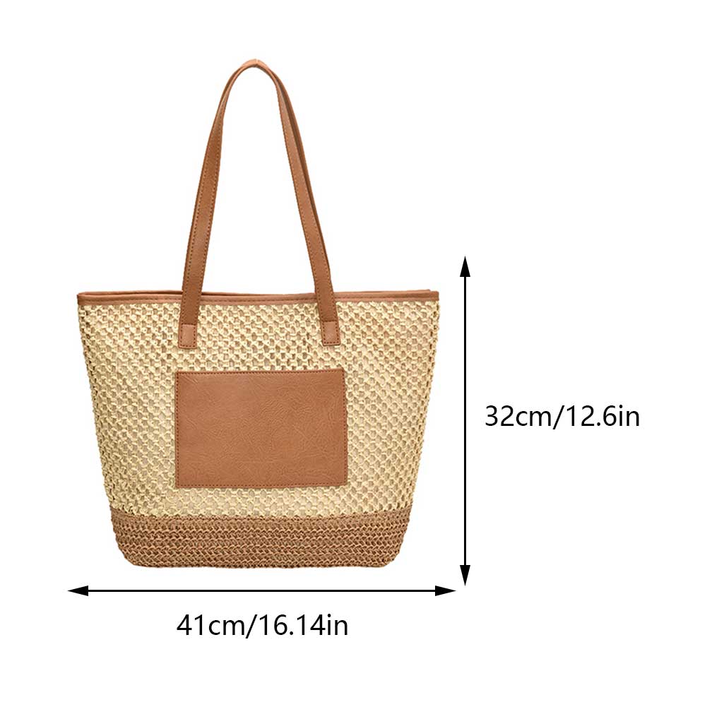 thumbnail image 2 of Bolso de playa de ganchillo de paja para mujer bolso de verano bohemio de PU con retales para mujer (Beige), 2 of 2