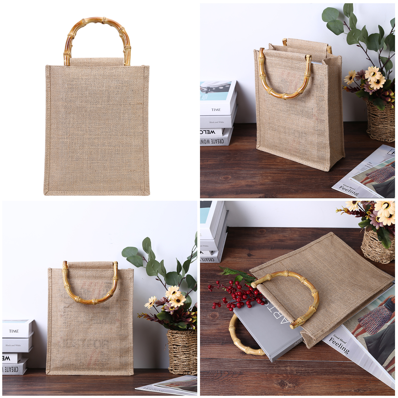 thumbnail image 4 of Bolsa de compras de arpillera de lino reutilizable asas superiores que llevan bolsas de supermercado, 4 of 9